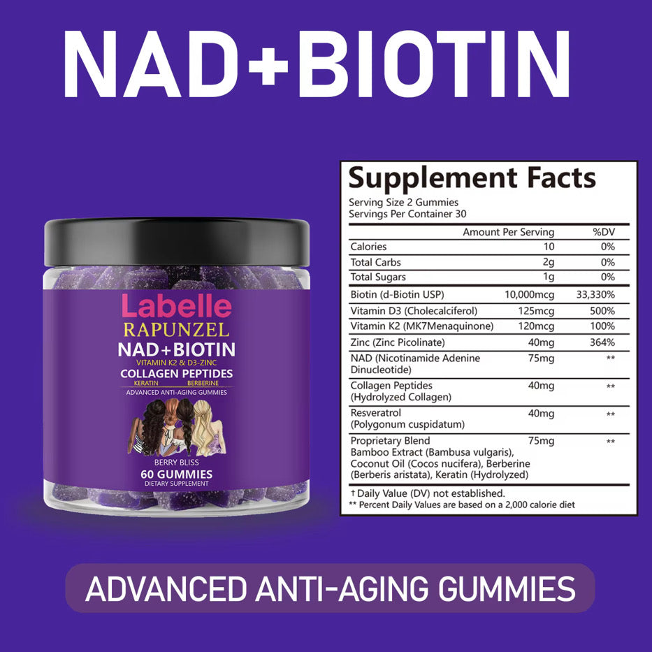 Gummies da Juventude Capilar – 60 unidades Com NAD+, Biotina e Colágeno